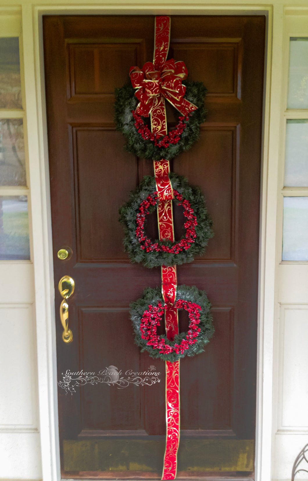 Classic Christmas Vertical Wreaths with Red Bow and Ribbon