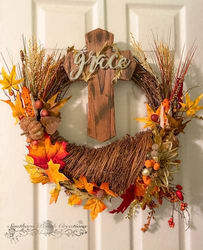 Thankful Wreath Wooden Cross